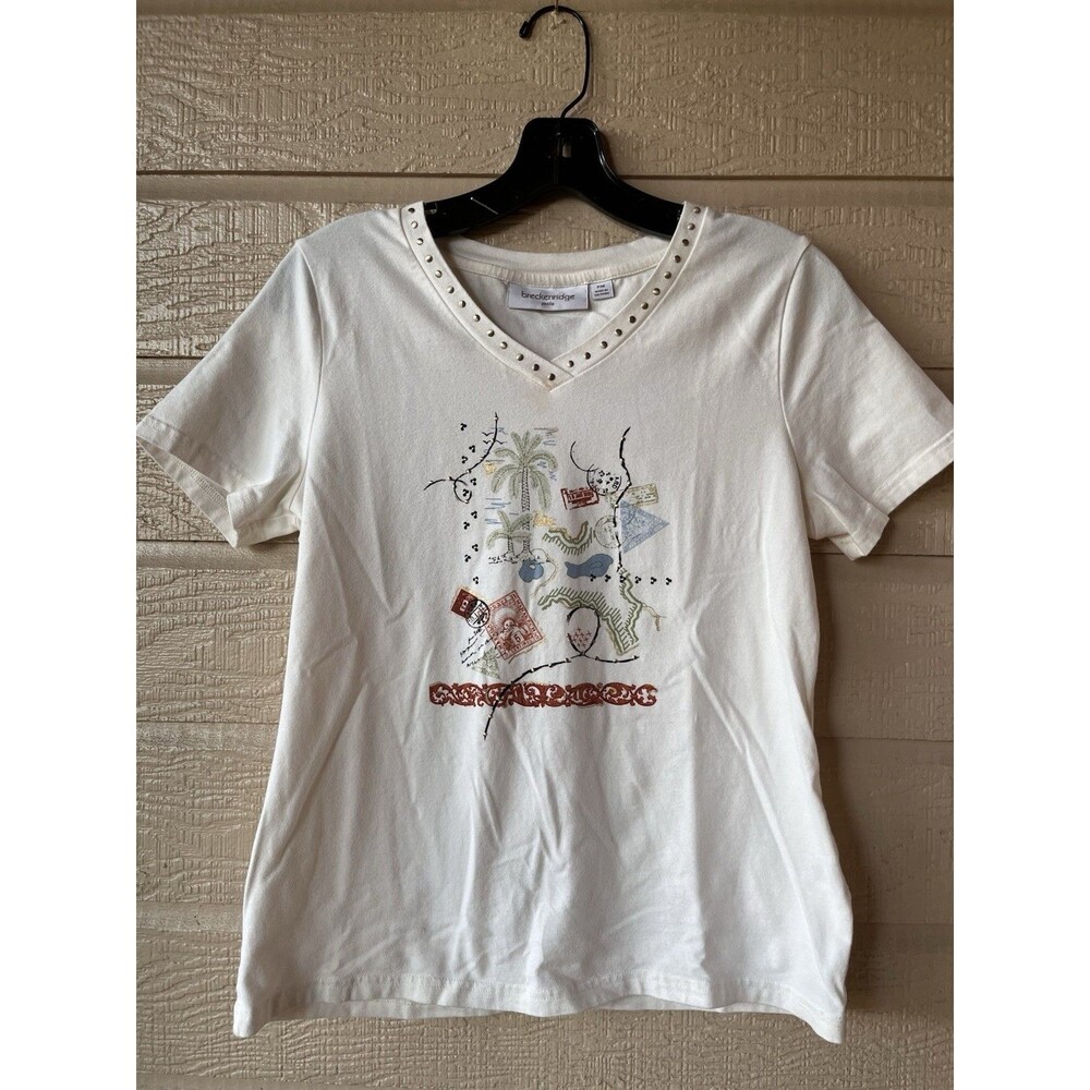 Breckenridge womens Off White Embellished T Shirt Top size PM Petite Medium